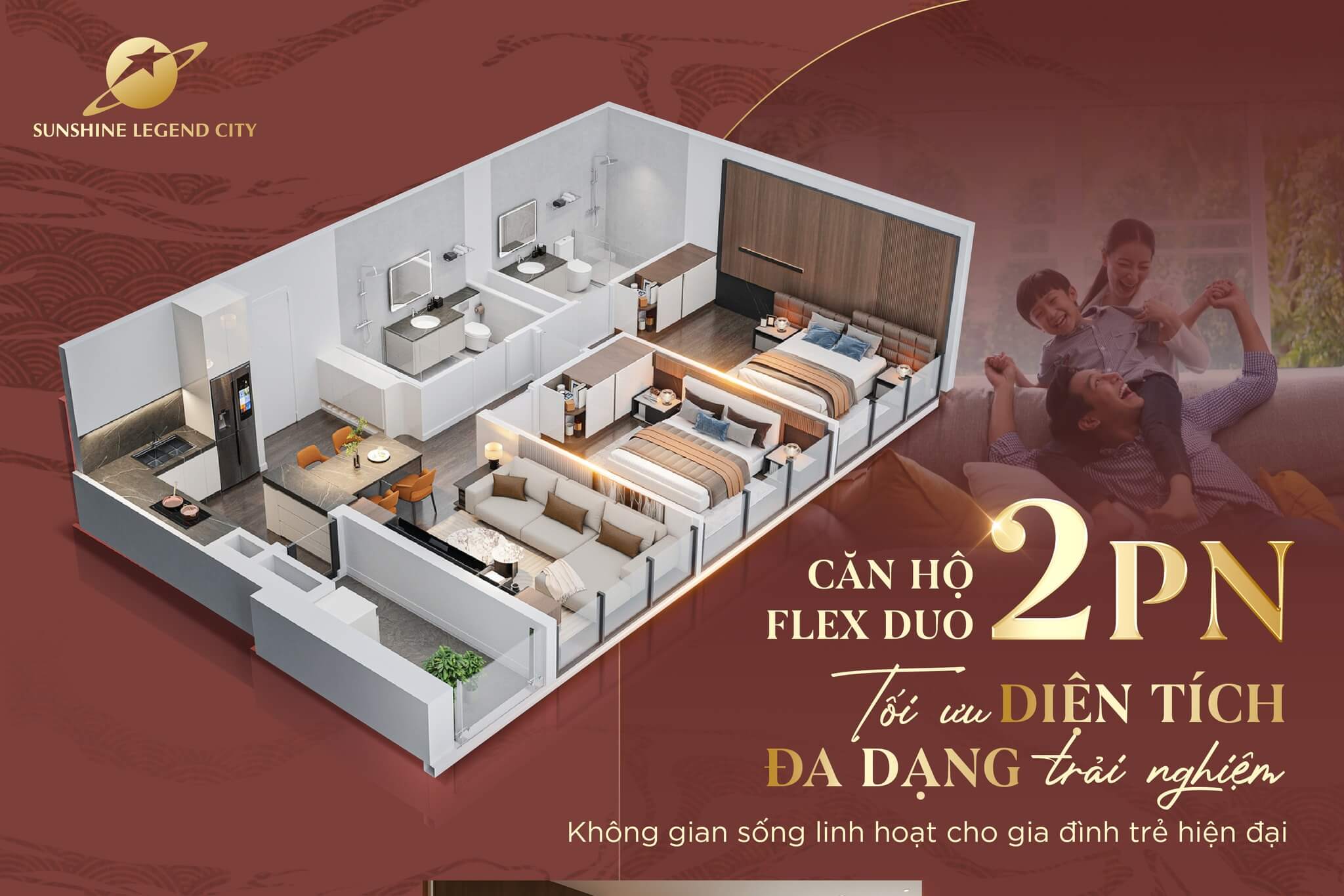 Căn hộ Flex Duo 2 phòng ngủ tại Handico Sunshine Metropolis City